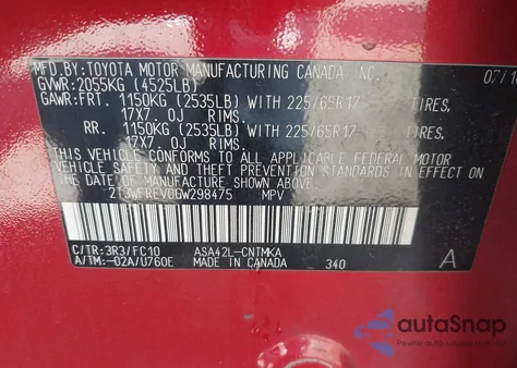 2016 Toyota Rav4 Xle из США, поврежденный, VIN 2T3WFREV0GW298475